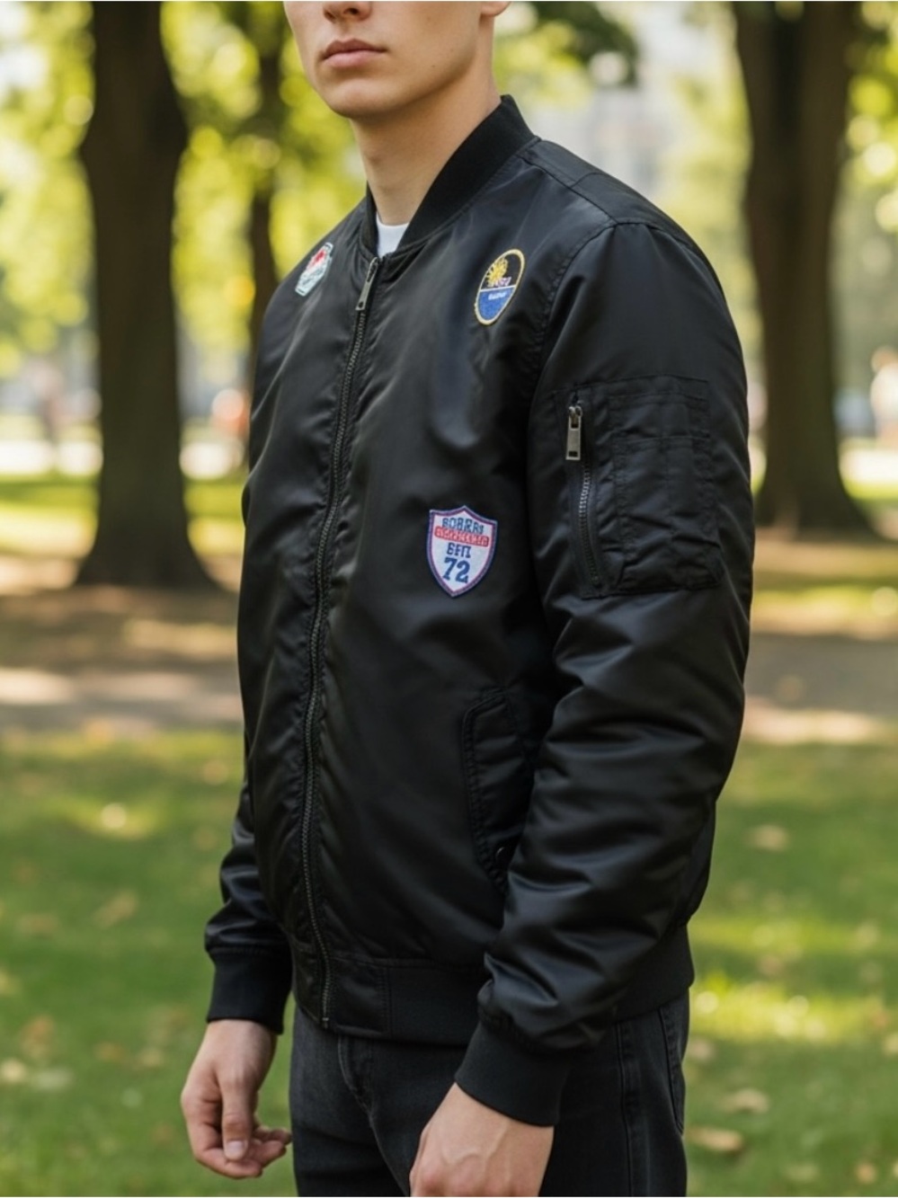 Brave Soul Men’s Black Nylon Flight Utility Bomber Jacket Accent Patches Size XL